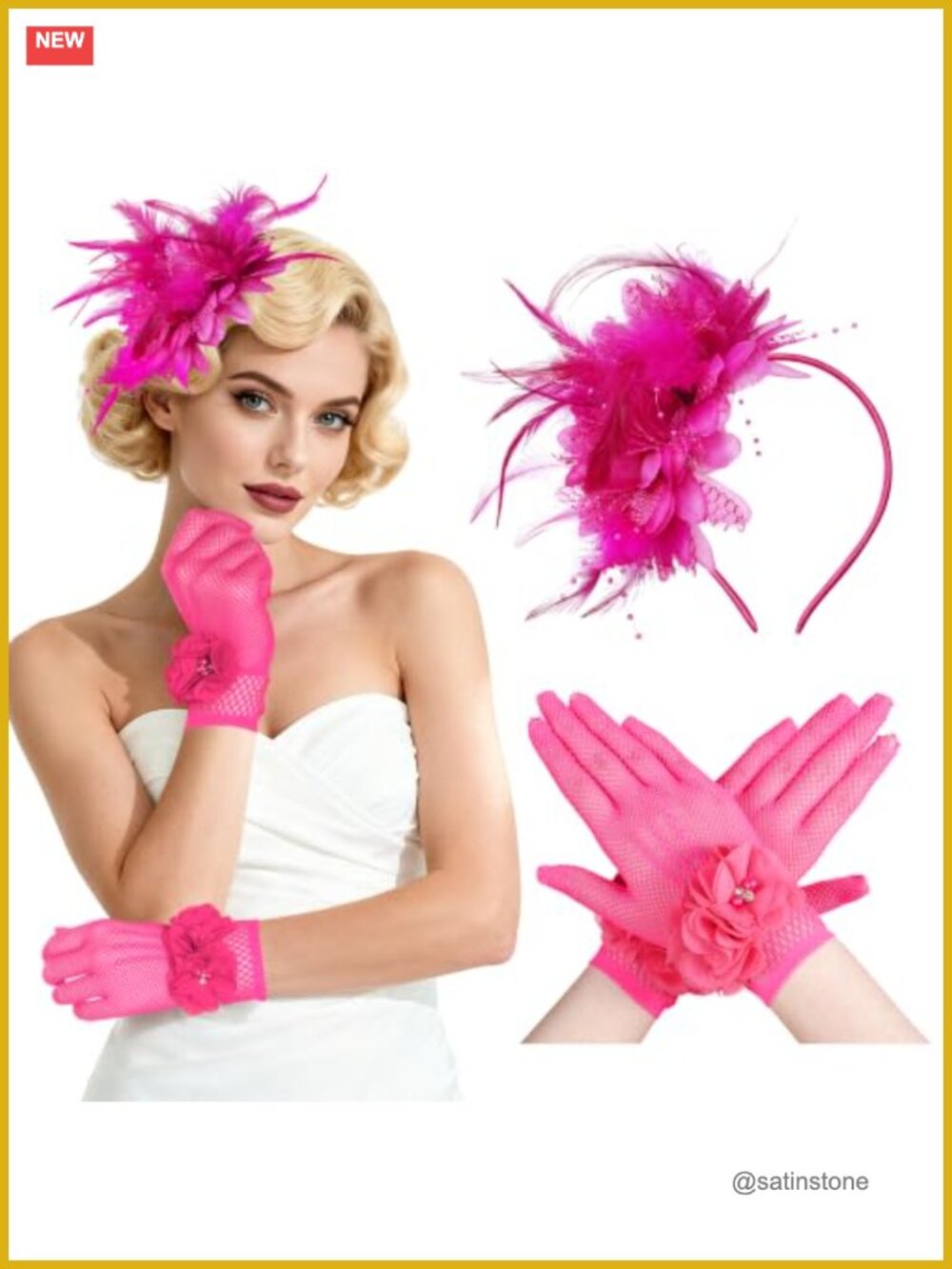 Women's Fascinators Tea Party Gloves Set with Feather Pearl Veil, One Size,